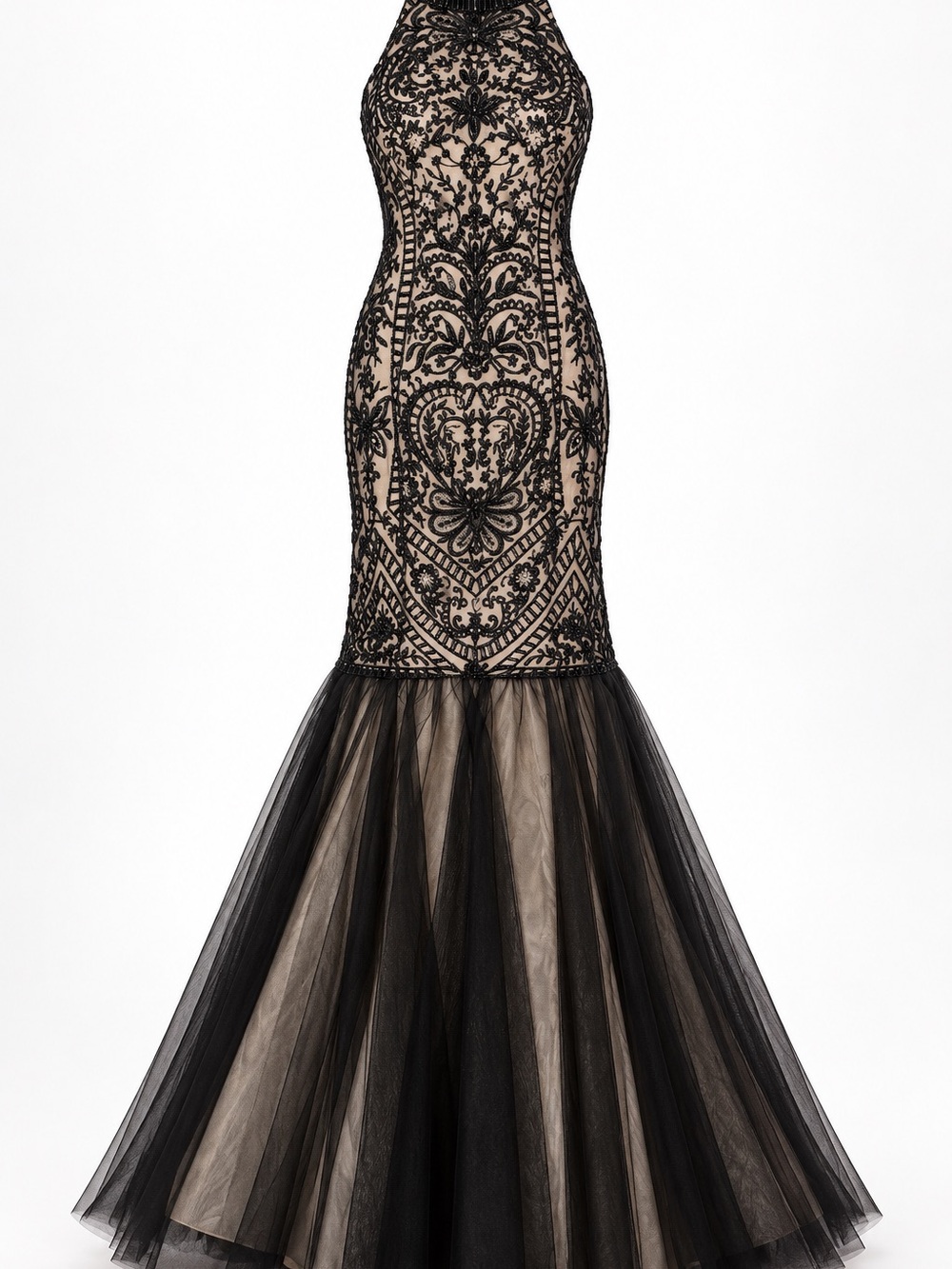 JVN by Jovani Black Nude Beaded Mermaid Gown Size 10 + Sash
